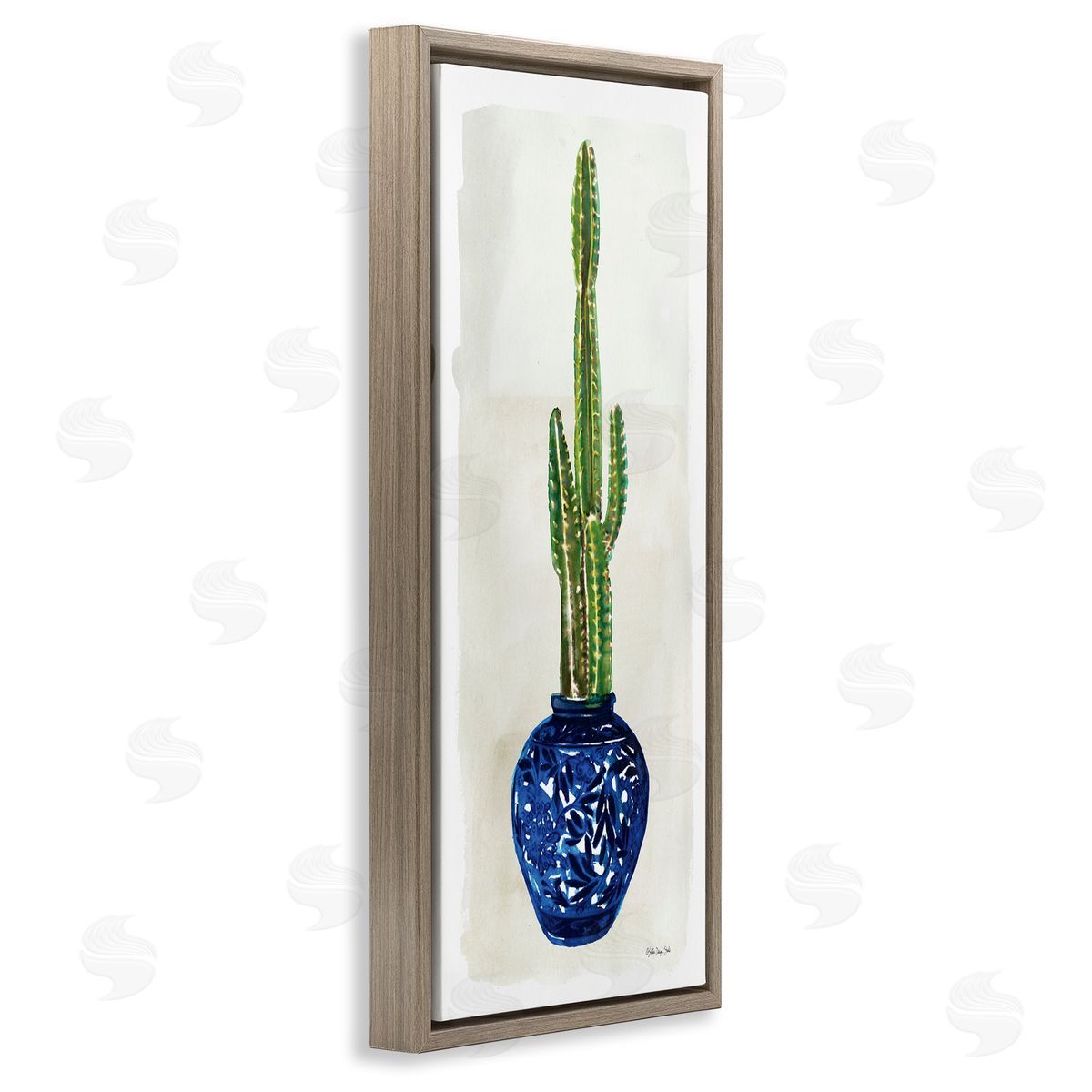 Cacti in Blue Pot Brown Floating Frame Canvas Wall Art, Home Decor by Stellar Studio