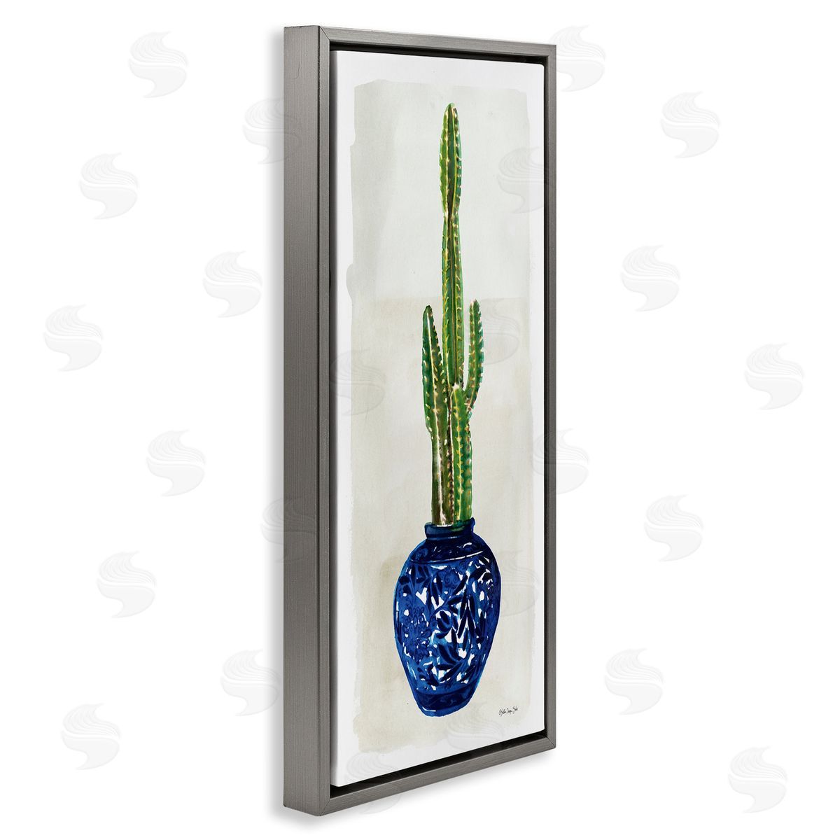 Cacti in Blue Pot Grey Floating Frame Canvas Wall Art, Home Decor by Stellar Studio