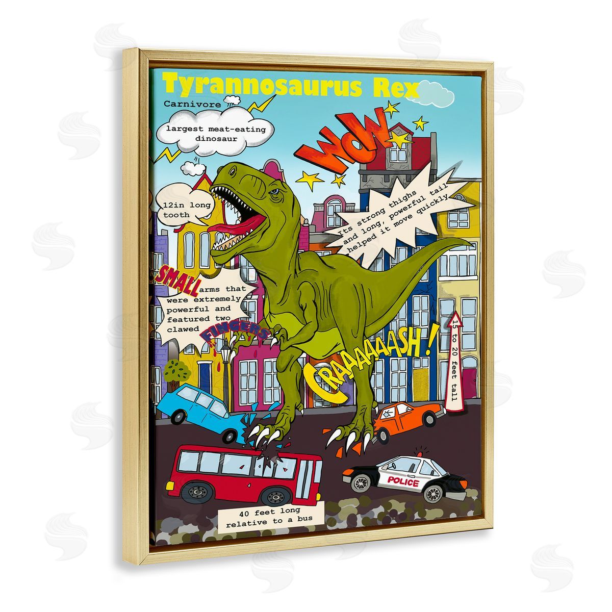 Dinosaur Facts T-Rex Magazine Gold Floating Frame Canvas Wall Art, Home Decor by Sangita Bachelet