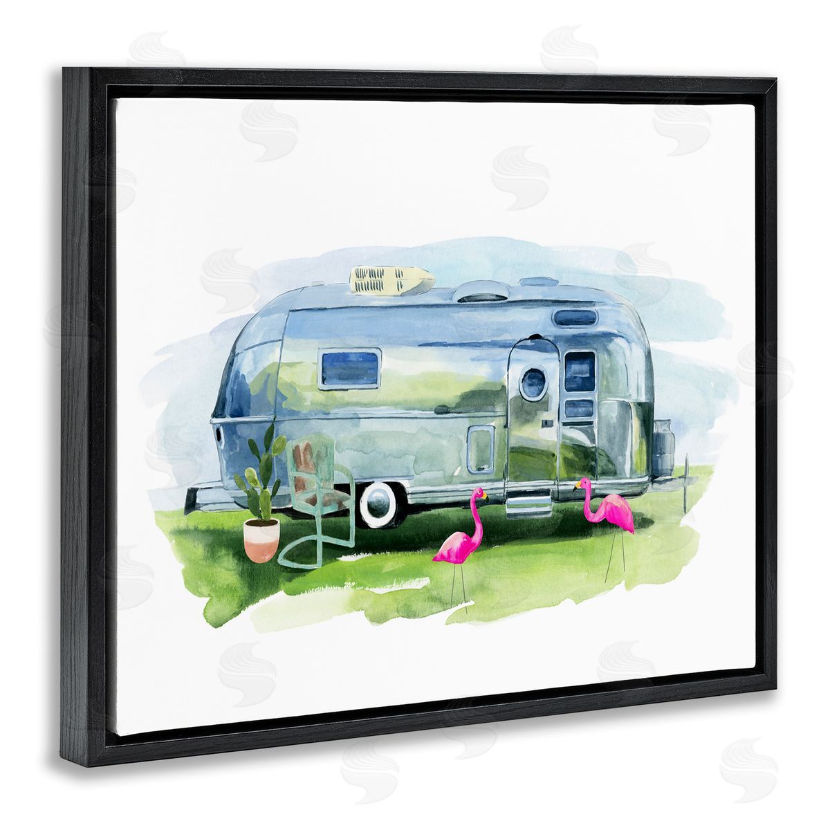 Retro Camper with Flamingos Black Floating Frame Canvas Wall Art, Home Decor by Annie Warren