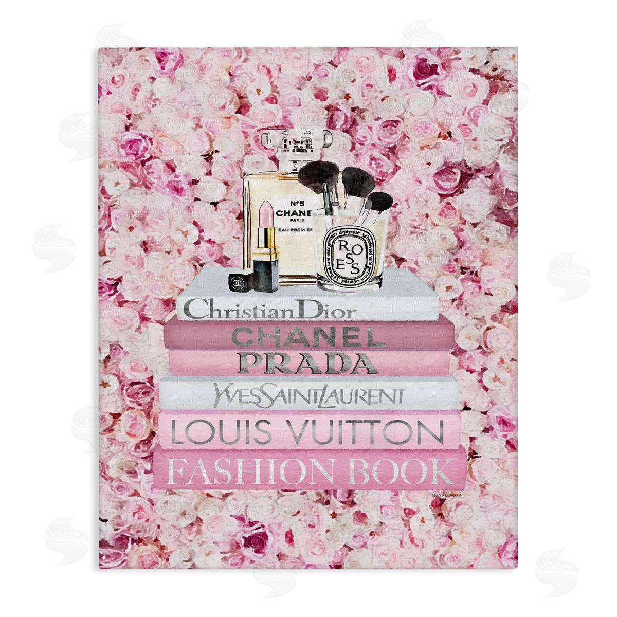 Fashion Bookstack over Pink Roses Canvas Wall Art, Home Decor by Amanda Greenwood