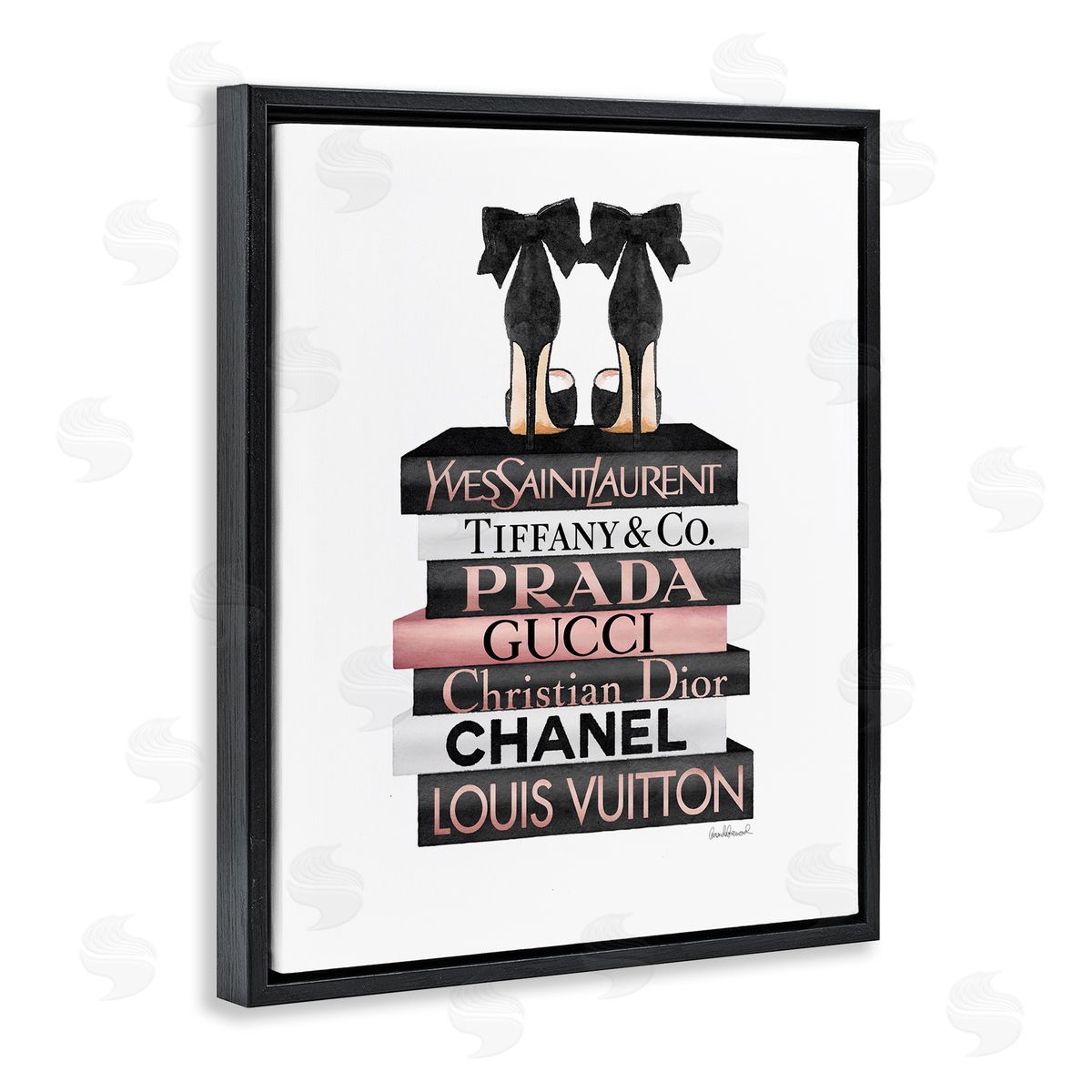Black Heels on Tall Bookstack Black Floating Frame Canvas Wall Art, Home Decor by Amanda Greenwood