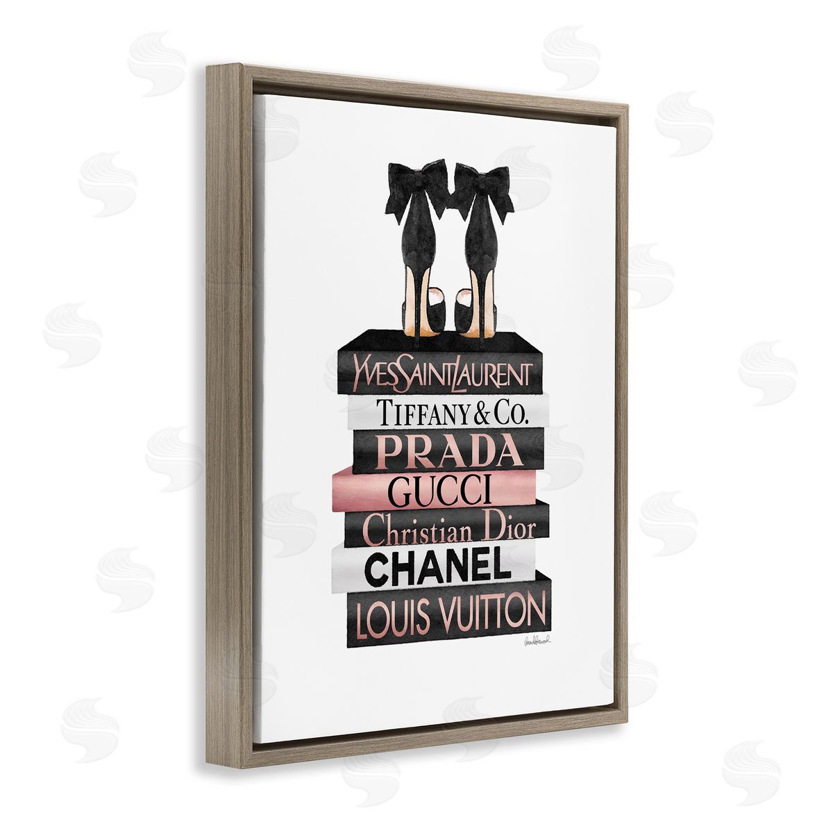 Black Heels on Tall Bookstack Brown Floating Frame Canvas Wall Art, Home Decor by Amanda Greenwood