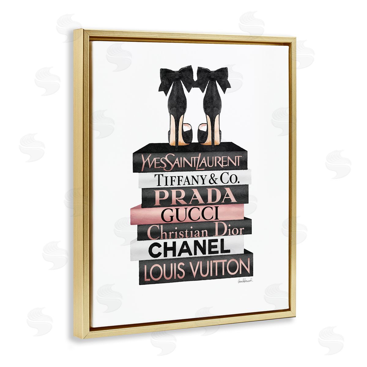 Black Heels on Tall Bookstack Gold Floating Frame Canvas Wall Art, Home Decor by Amanda Greenwood