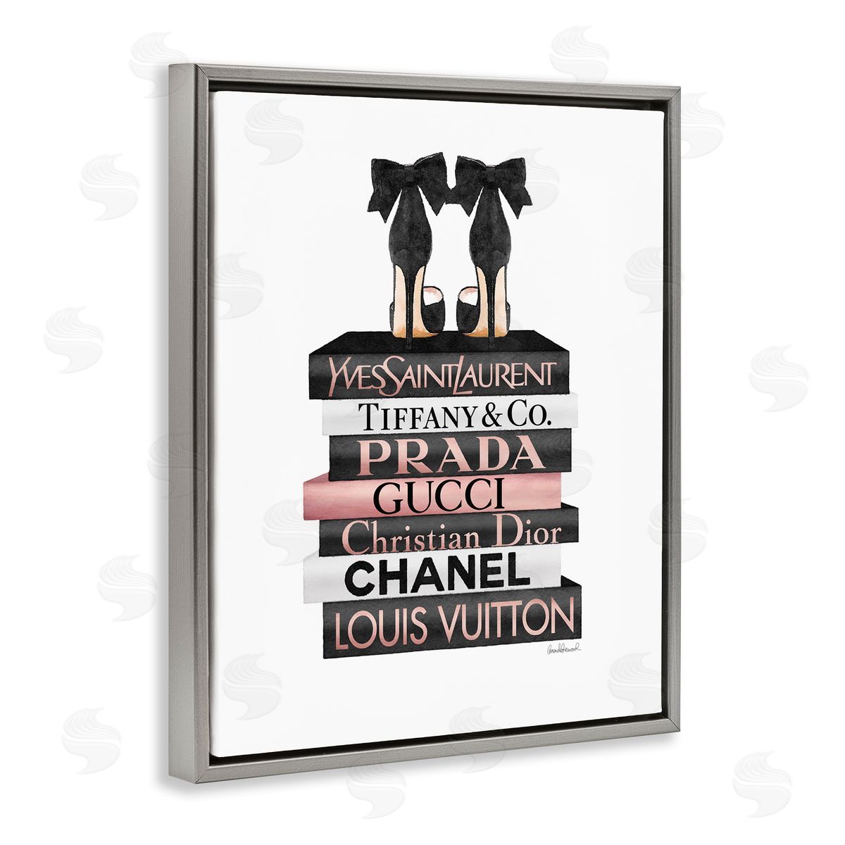 Black Heels on Tall Bookstack Grey Floating Frame Canvas Wall Art, Home Decor by Amanda Greenwood