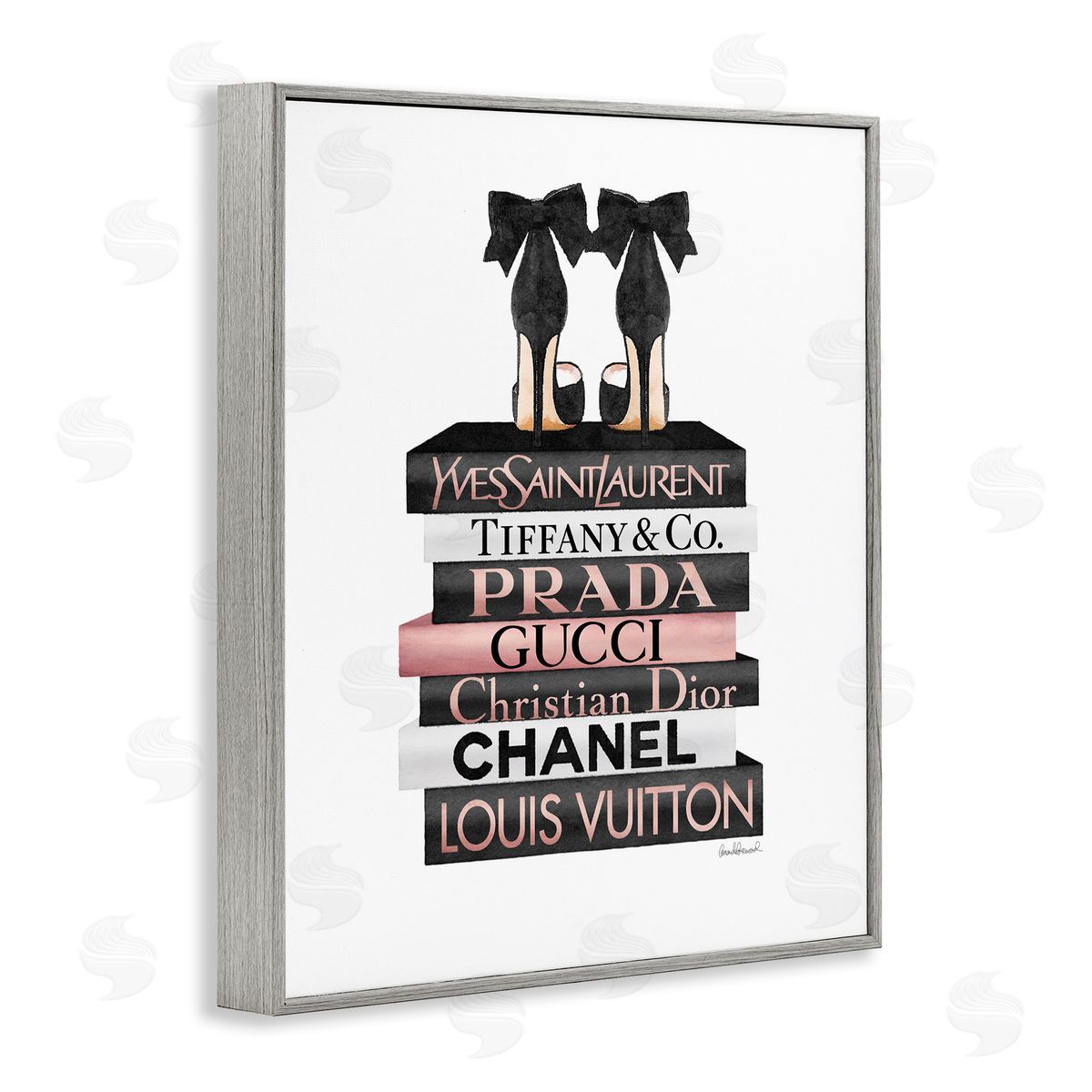 Black Heels on Tall Bookstack Grey Frame Print Wall Art, Home Decor by Amanda Greenwood