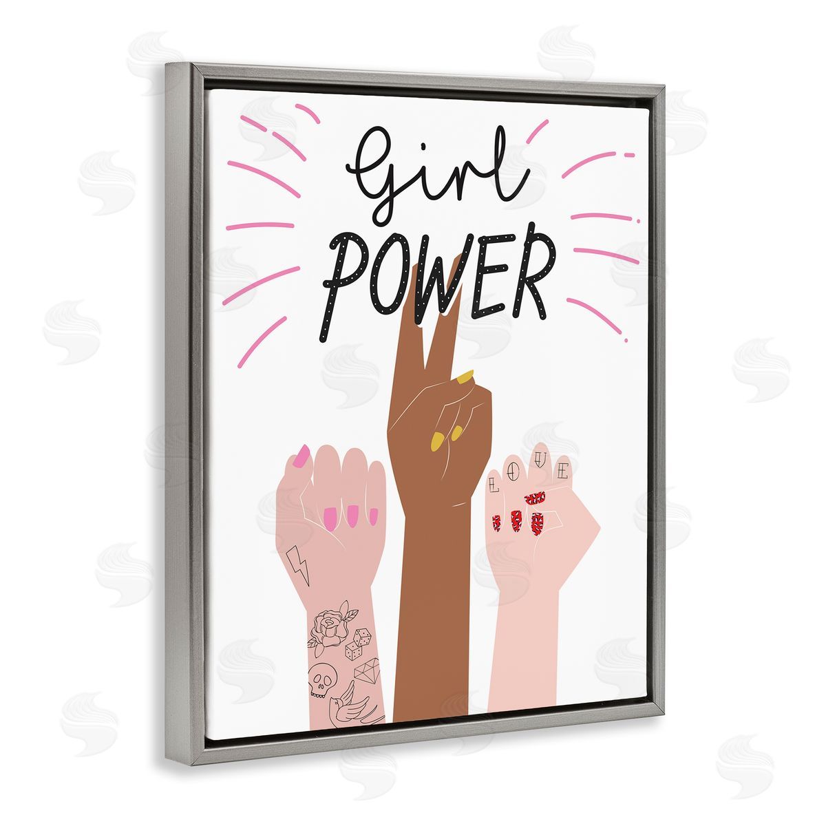 Girl Power Raised Fists Grey Floating Frame Canvas Wall Art, Home Decor by Angela Nickeas