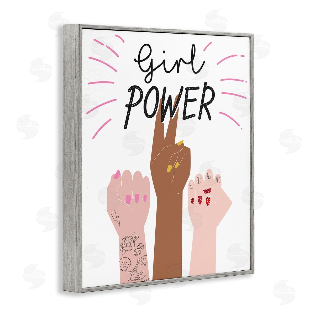 Girl Power Raised Fists Grey Frame Print Wall Art, Home Decor by Angela Nickeas