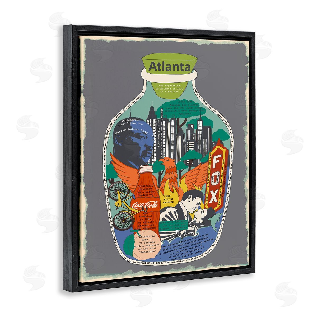 Atlanta Georgia in Vintage Jar Black Floating Frame Canvas Wall Art, Home Decor by Sangita Bachelet