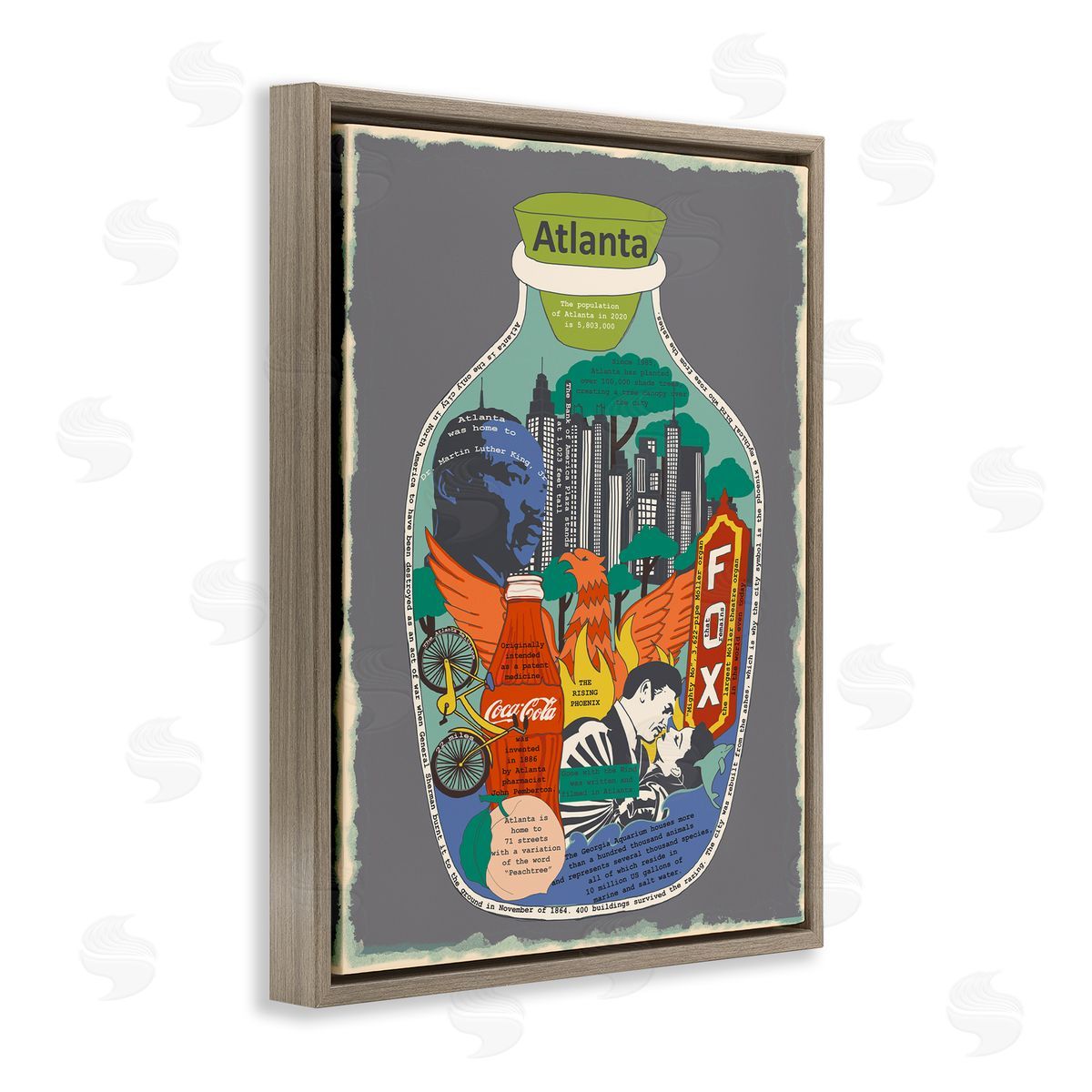 Atlanta Georgia in Vintage Jar Brown Floating Frame Canvas Wall Art, Home Decor by Sangita Bachelet
