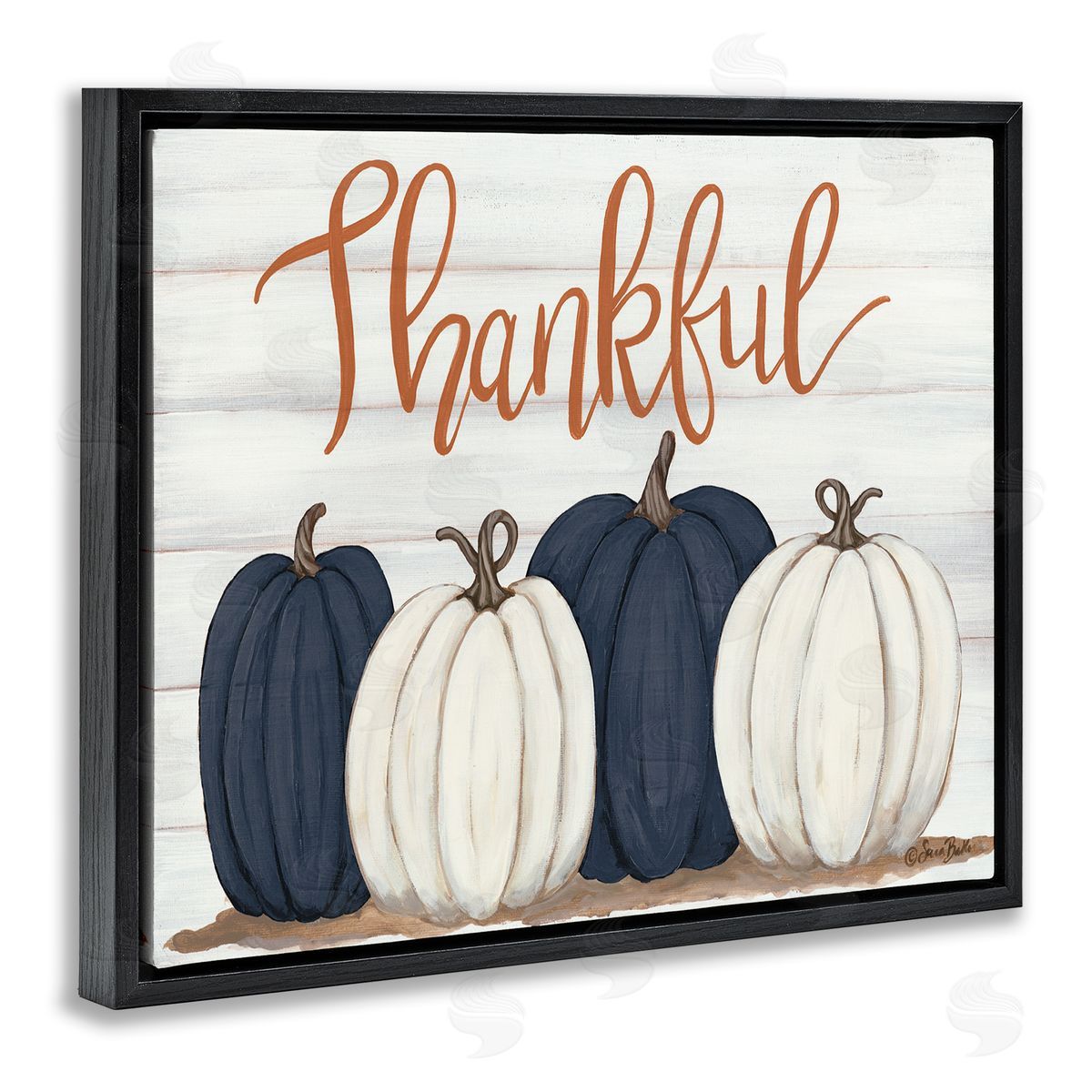 Thankful Greeting with Pumpkins Black Floating Frame Canvas Wall Art, Home Decor by Sarah Baker