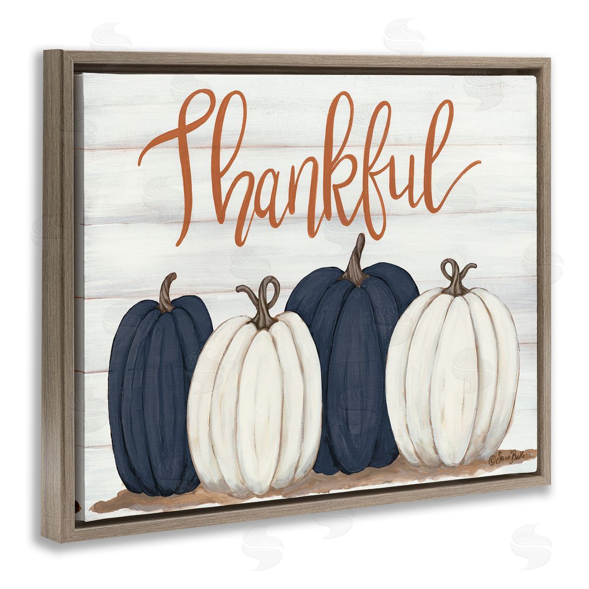 Thankful Greeting with Pumpkins Brown Floating Frame Canvas Wall Art, Home Decor by Sarah Baker