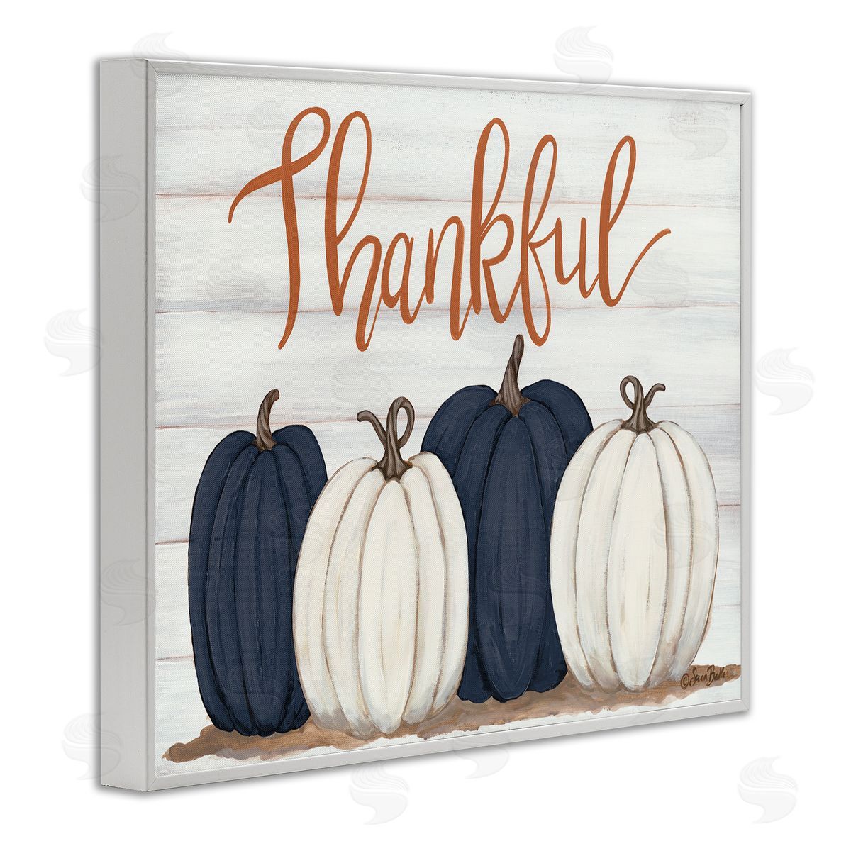 Thankful Greeting with Pumpkins White Frame Print Wall Art, Home Decor by Sarah Baker