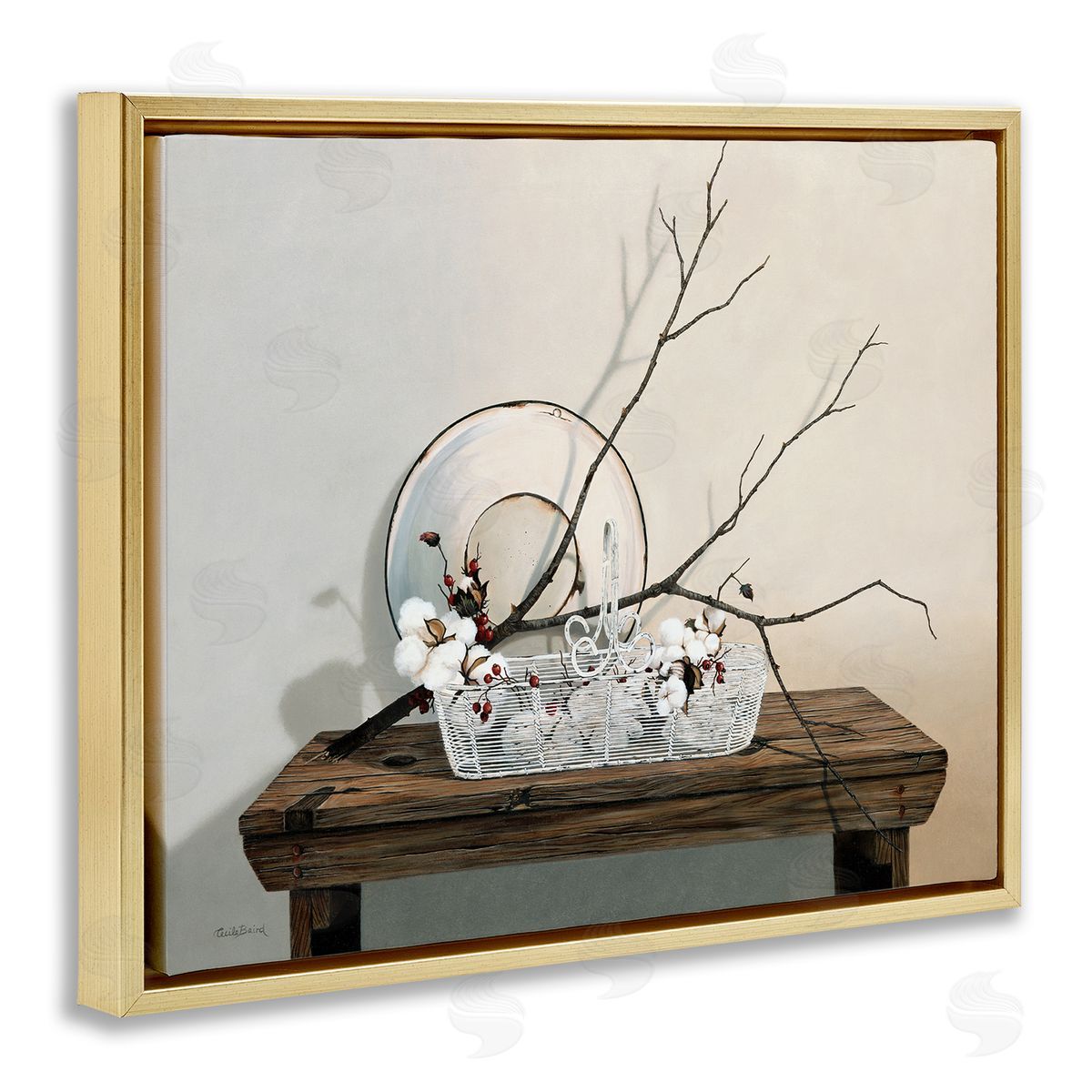Winter Farm Table Still Life Gold Floating Frame Canvas Wall Art, Home Decor by Cecile Baird