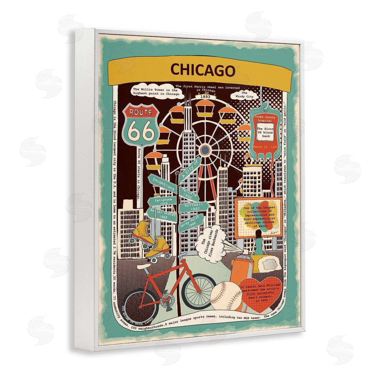 Vintage Chicago Illinois Facts White Frame Print Wall Art, Home Decor by Sangita Bachelet
