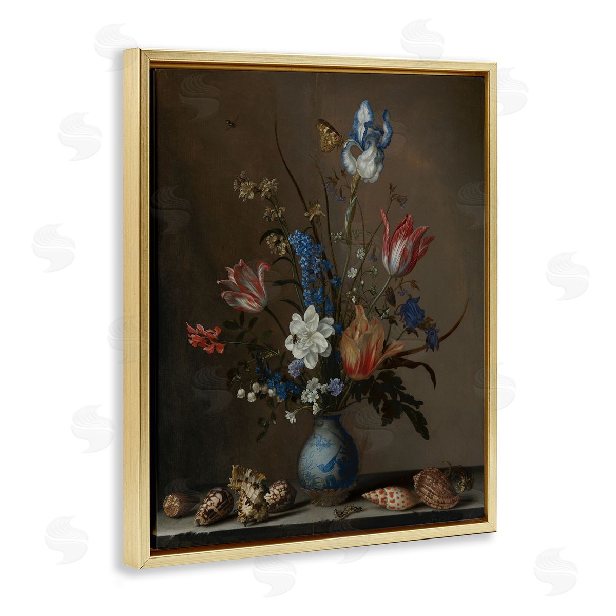 Flowers in a Wan-Li Vase Gold Floating Frame Canvas Wall Art, Home Decor by Balthasar van der Ast