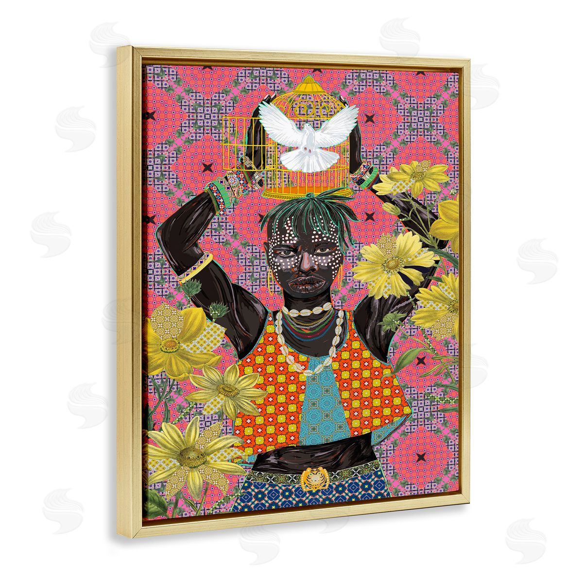 Releasing Doves Strong Male Gold Floating Frame Canvas Wall Art, Home Decor by Sangita Bachelet