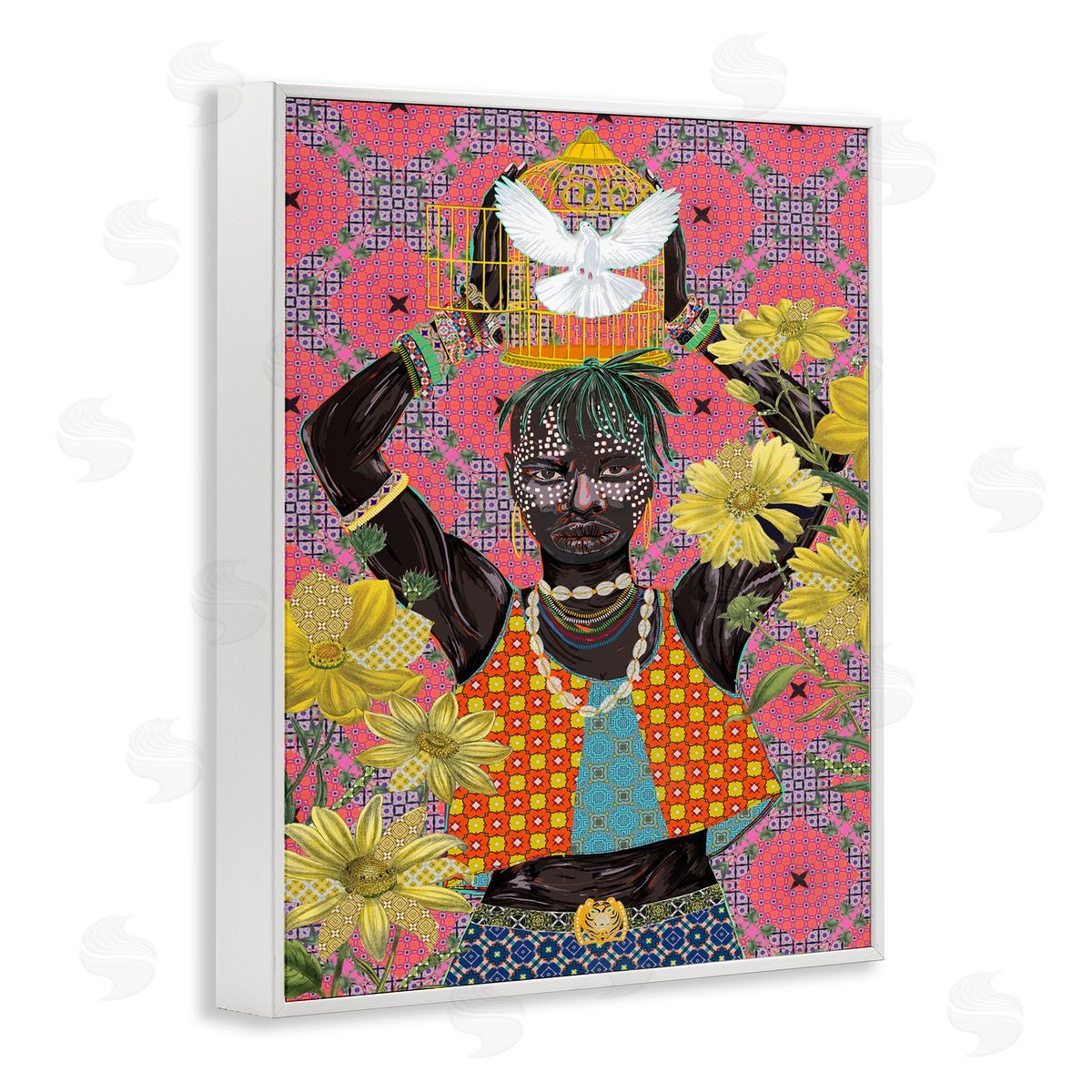 Releasing Doves Strong Male White Frame Print Wall Art, Home Decor by Sangita Bachelet