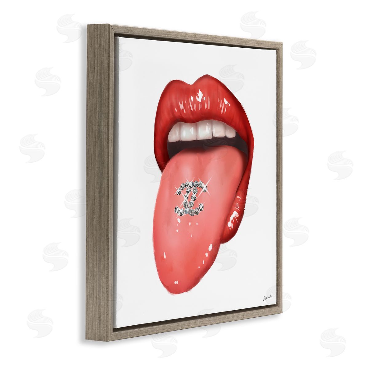 Glam Tongue Out Red Lips Brown Floating Frame Canvas Wall Art, Home Decor by Ziwei Li