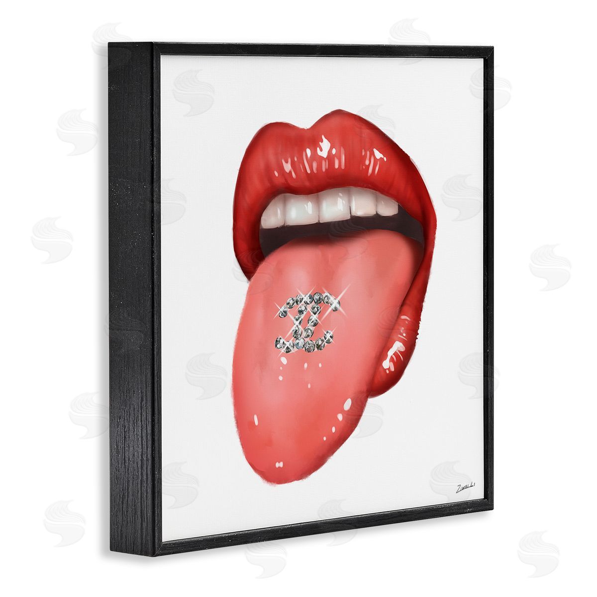 Glam Tongue Out Red Lips Black Frame Print Wall Art, Home Decor by Ziwei Li