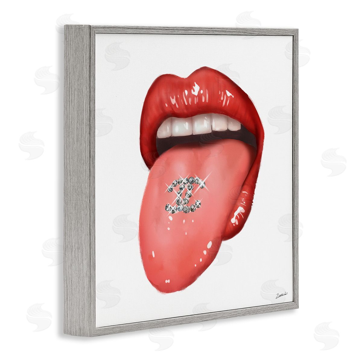 Glam Tongue Out Red Lips Grey Frame Print Wall Art, Home Decor by Ziwei Li