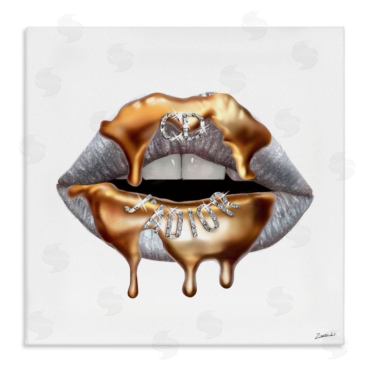 Grey Lip Gold Drip Fashion Canvas Wall Art, Home Decor by Ziwei Li