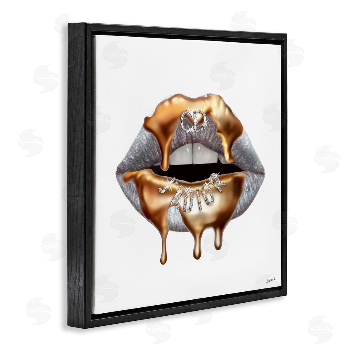 Grey Lip Gold Drip Fashion Black Floating Frame Canvas Wall Art, Home Decor by Ziwei Li