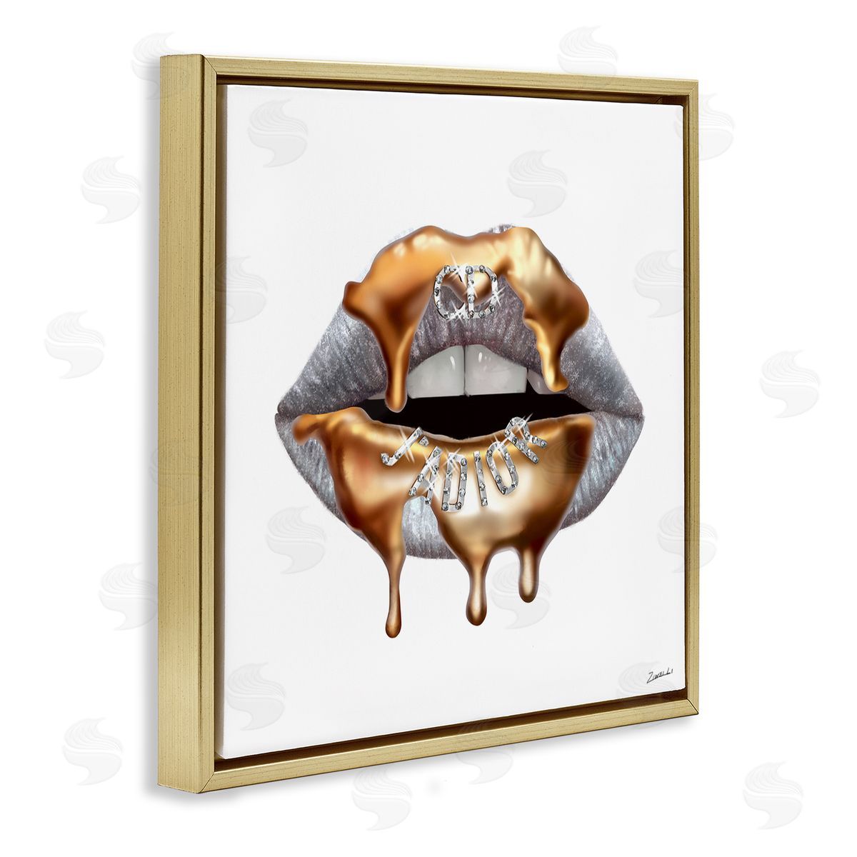 Grey Lip Gold Drip Fashion Gold Floating Frame Canvas Wall Art, Home Decor by Ziwei Li