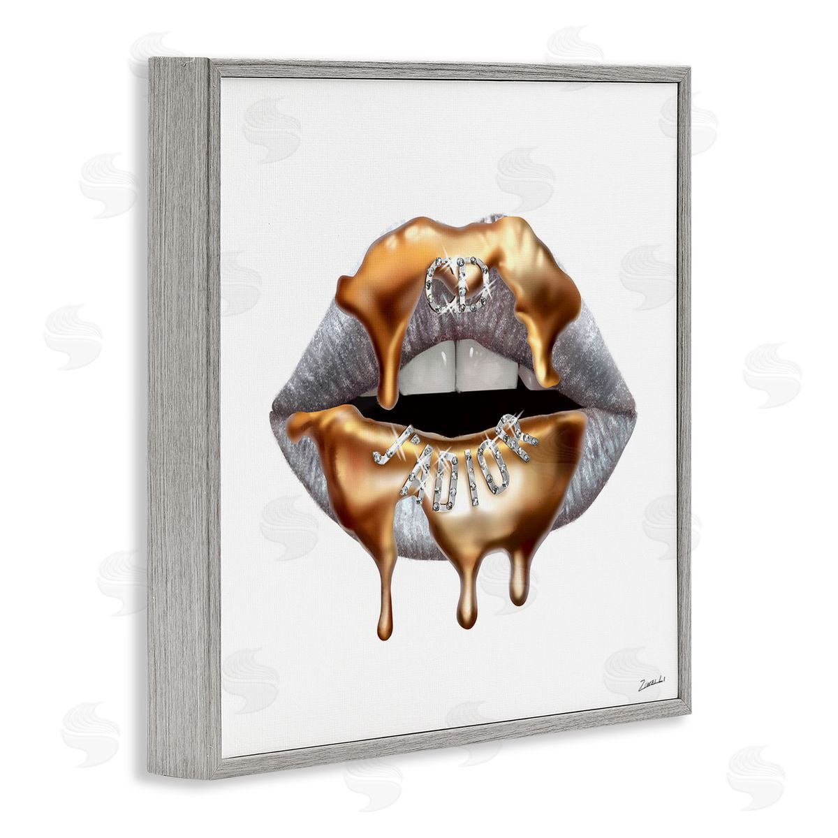 Grey Lip Gold Drip Fashion Grey Frame Print Wall Art, Home Decor by Ziwei Li