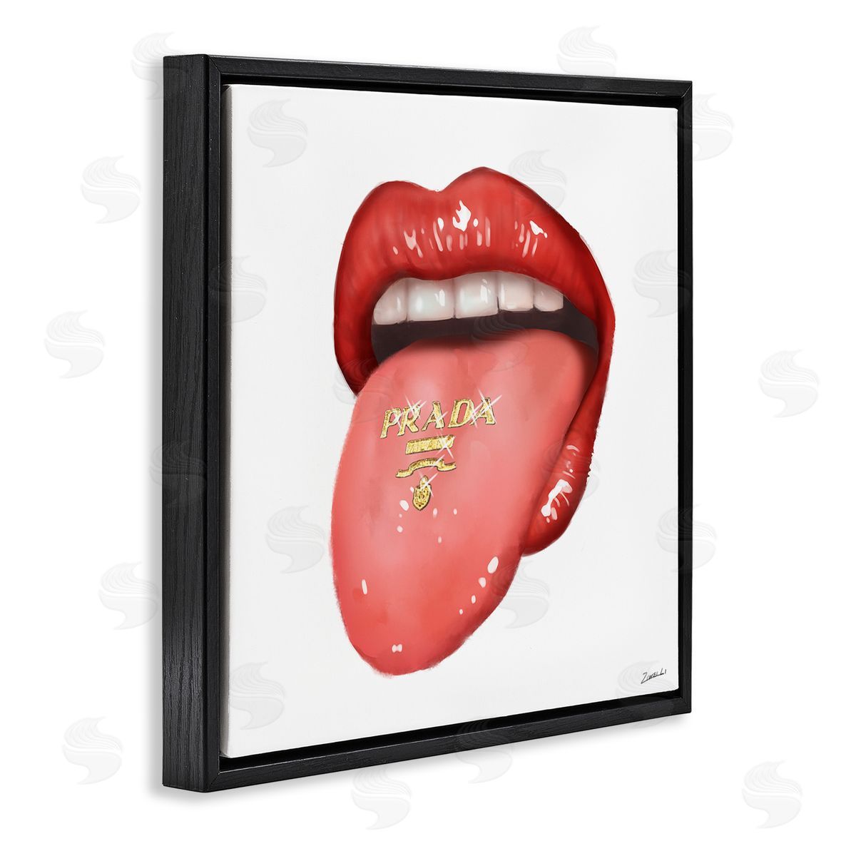Fashion Red Lips with Tongue Black Floating Frame Canvas Wall Art, Home Decor by Ziwei Li
