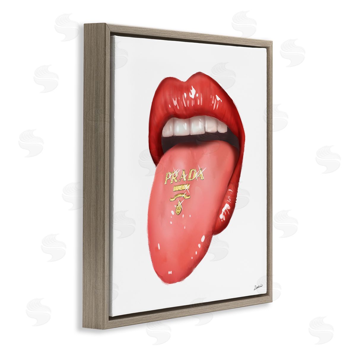 Fashion Red Lips with Tongue Brown Floating Frame Canvas Wall Art, Home Decor by Ziwei Li