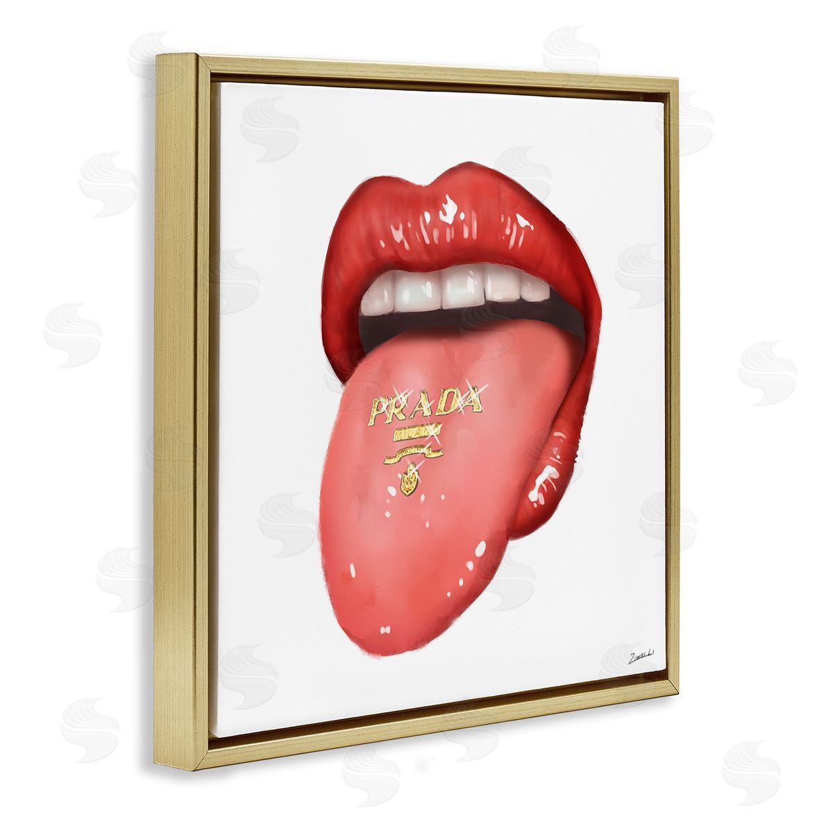 Fashion Red Lips with Tongue Gold Floating Frame Canvas Wall Art, Home Decor by Ziwei Li
