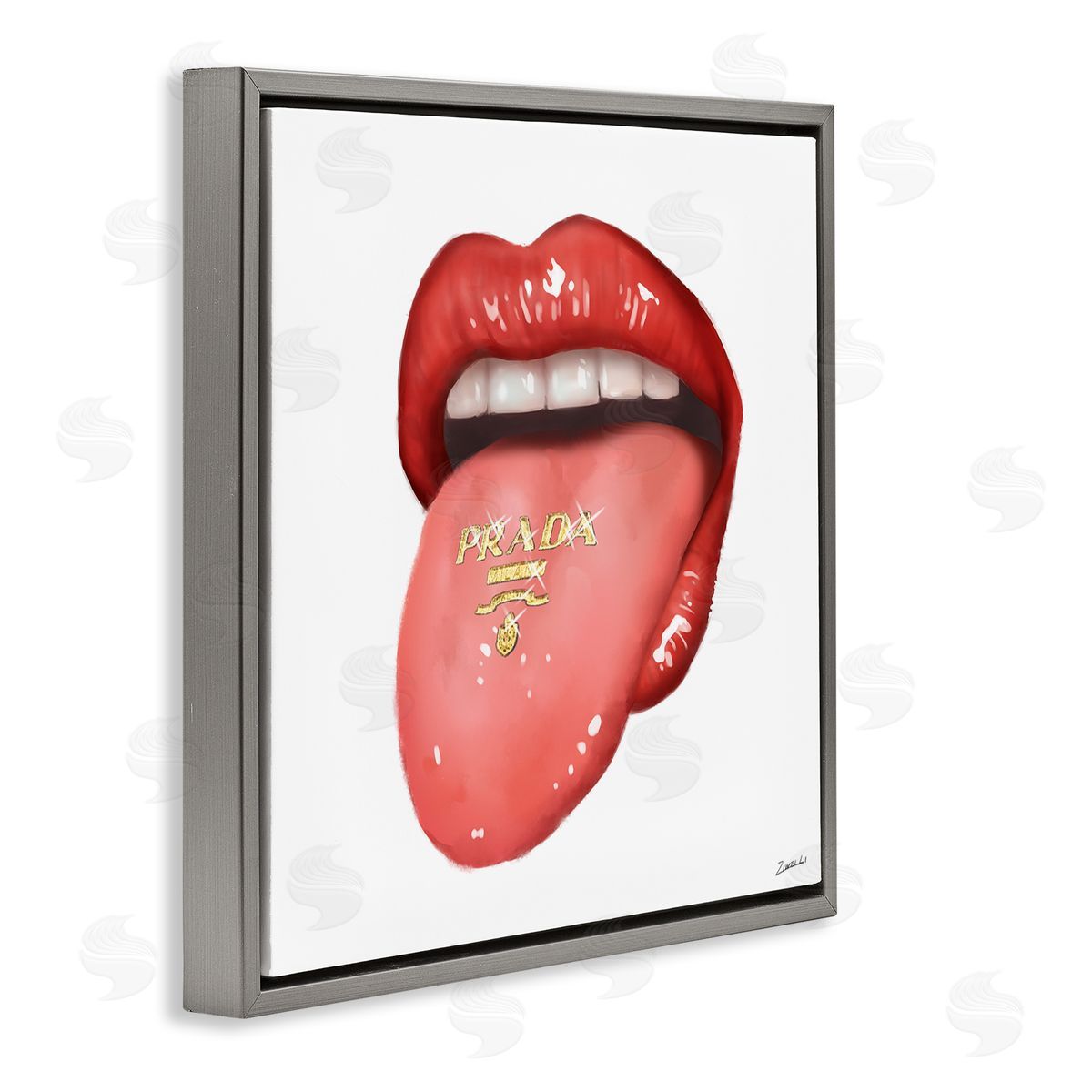 Fashion Red Lips with Tongue Grey Floating Frame Canvas Wall Art, Home Decor by Ziwei Li