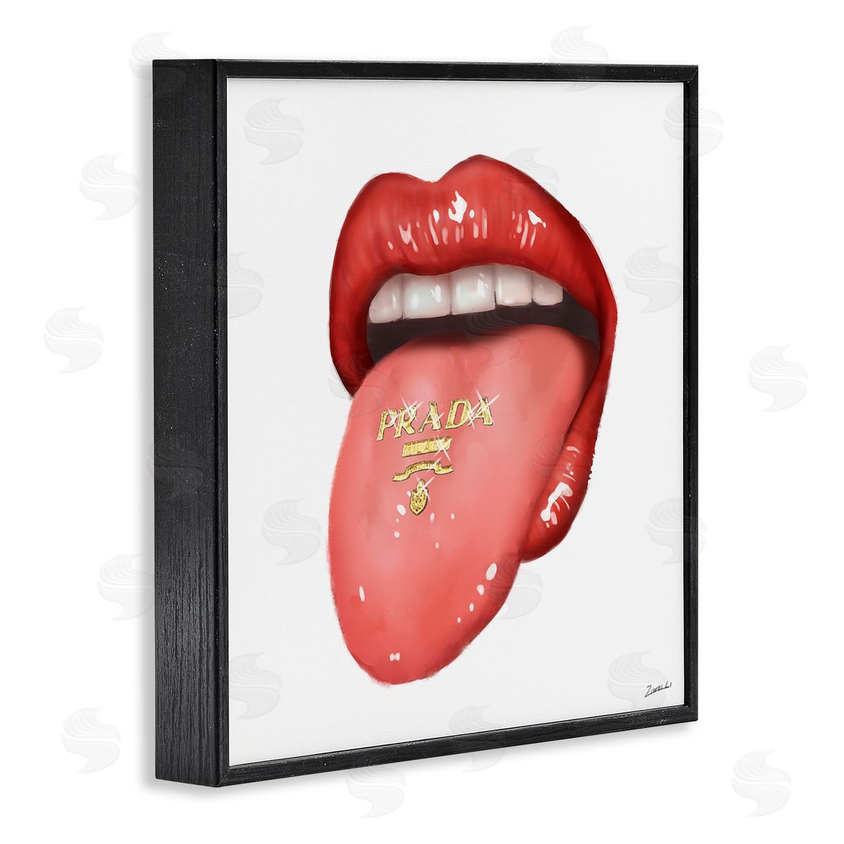 Fashion Red Lips with Tongue Black Frame Print Wall Art, Home Decor by Ziwei Li