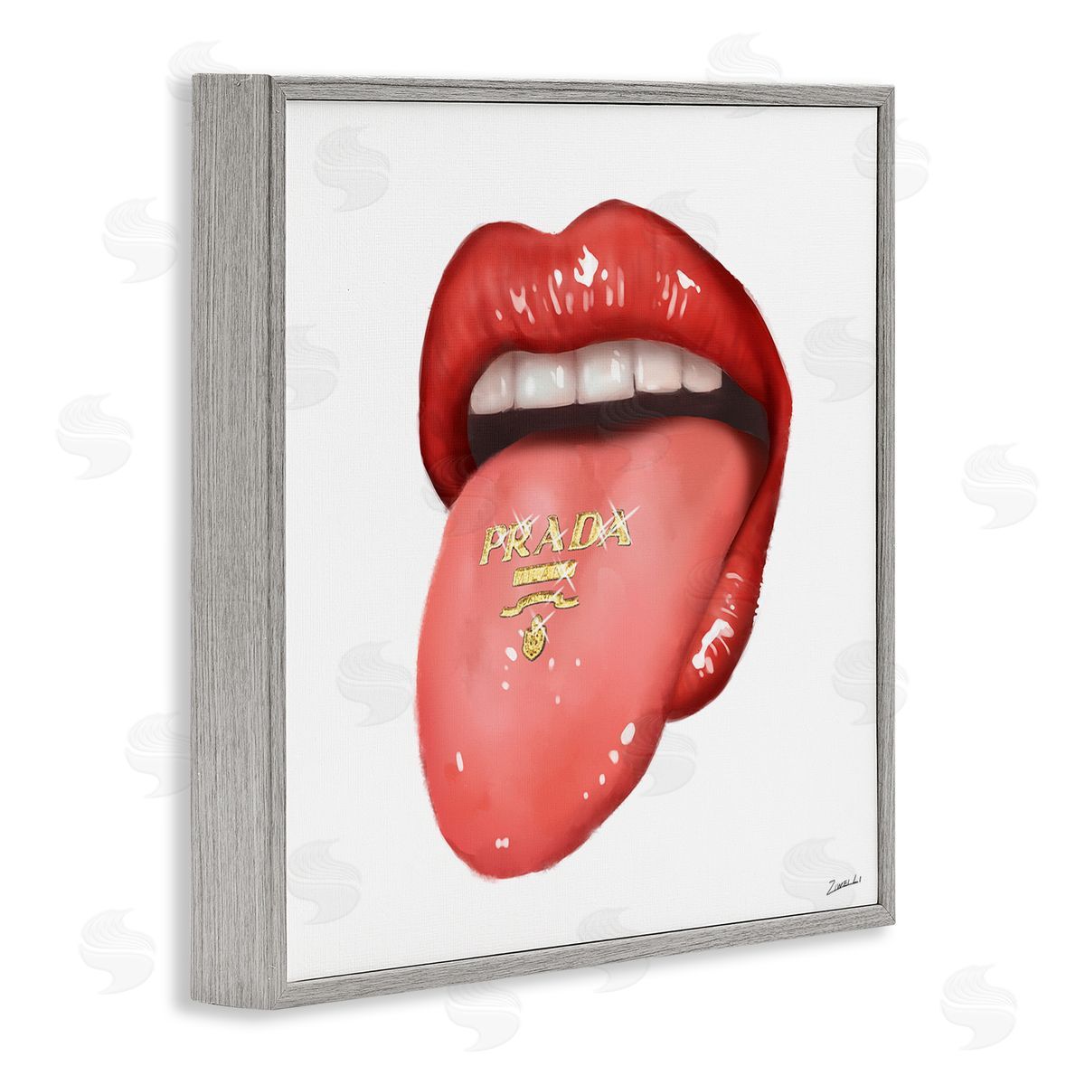 Fashion Red Lips with Tongue Grey Frame Print Wall Art, Home Decor by Ziwei Li