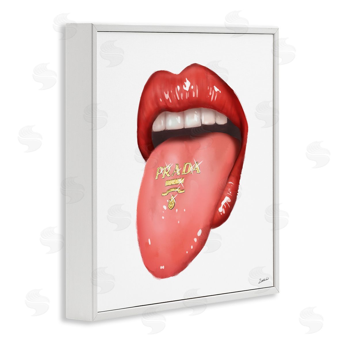 Fashion Red Lips with Tongue White Frame Print Wall Art, Home Decor by Ziwei Li