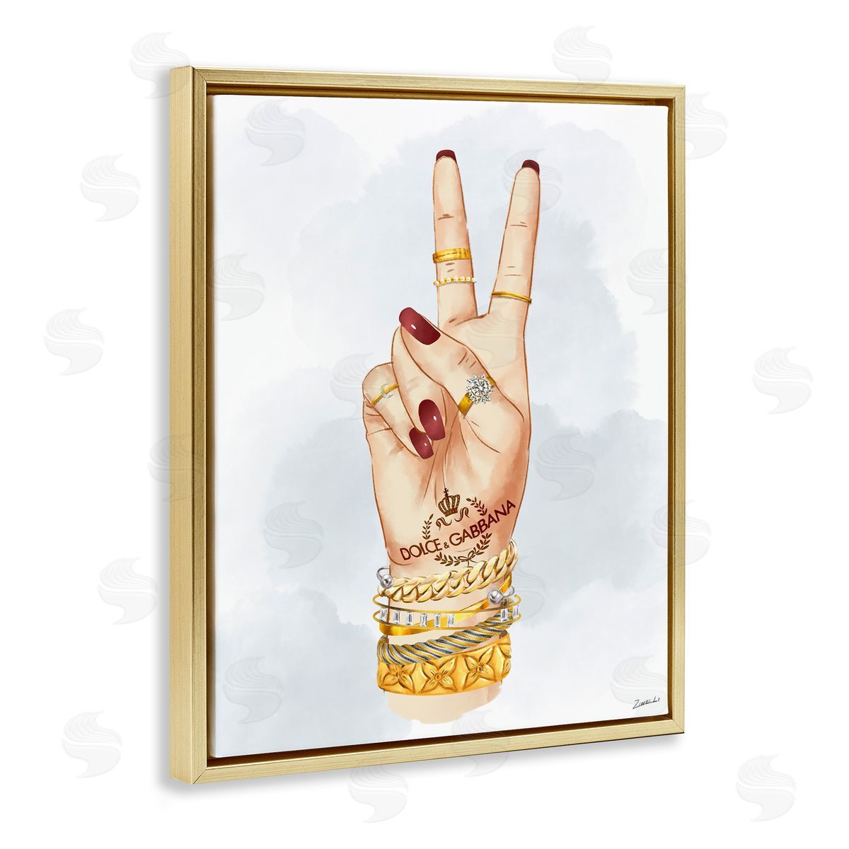 Glam Peace Hand Sign Gold Floating Frame Canvas Wall Art, Home Decor by Ziwei Li
