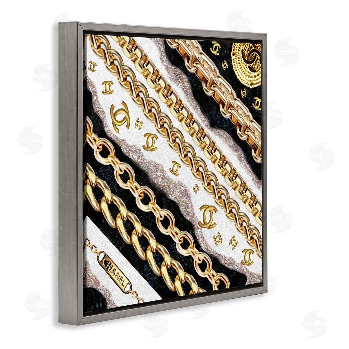 Fashion Chains and Glam Pattern Grey Floating Frame Canvas Wall Art, Home Decor by Ziwei Li