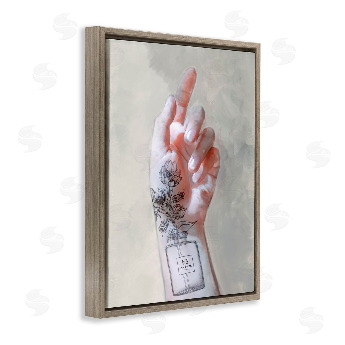 Hand Pose with Fashion Florals Brown Floating Frame Canvas Wall Art, Home Decor by Ziwei Li