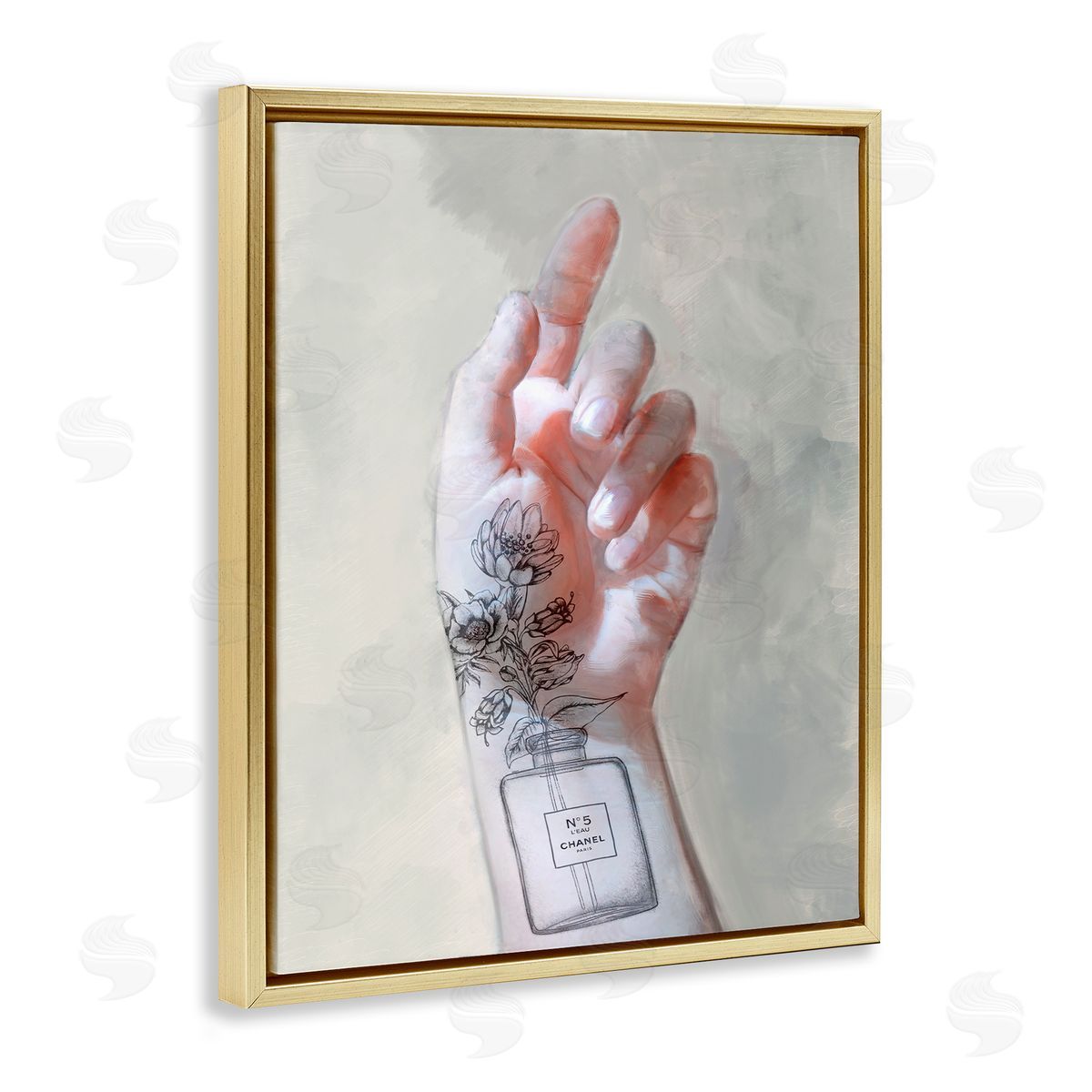 Hand Pose with Fashion Florals Gold Floating Frame Canvas Wall Art, Home Decor by Ziwei Li