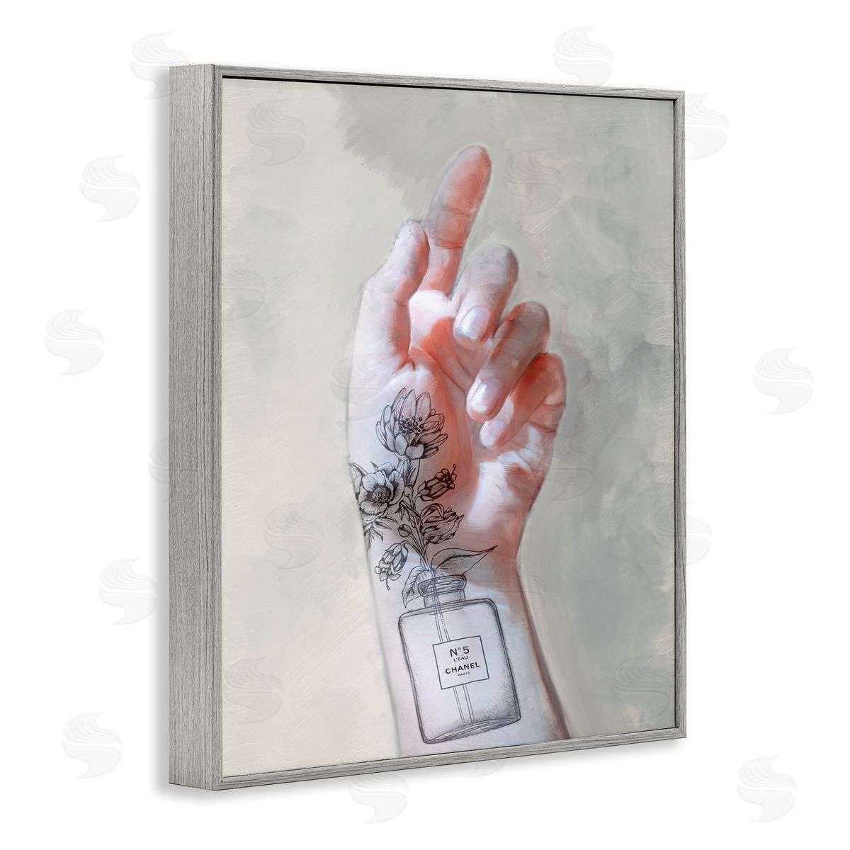 Hand Pose with Fashion Florals Grey Frame Print Wall Art, Home Decor by Ziwei Li