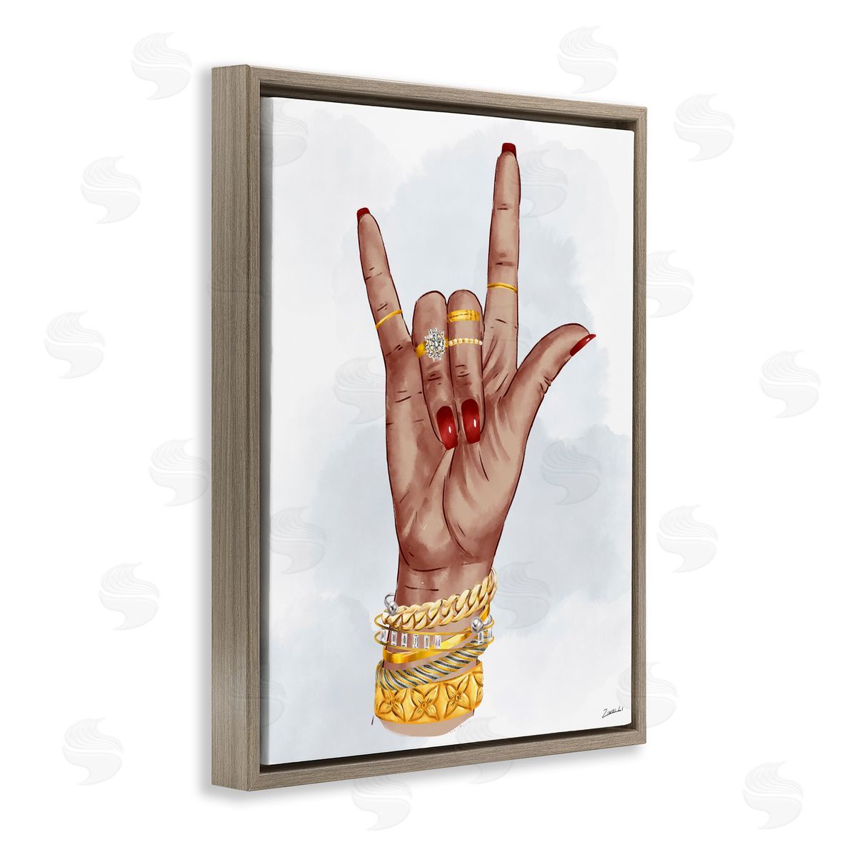 I Love You Hand Pose Brown Floating Frame Canvas Wall Art, Home Decor by Ziwei Li