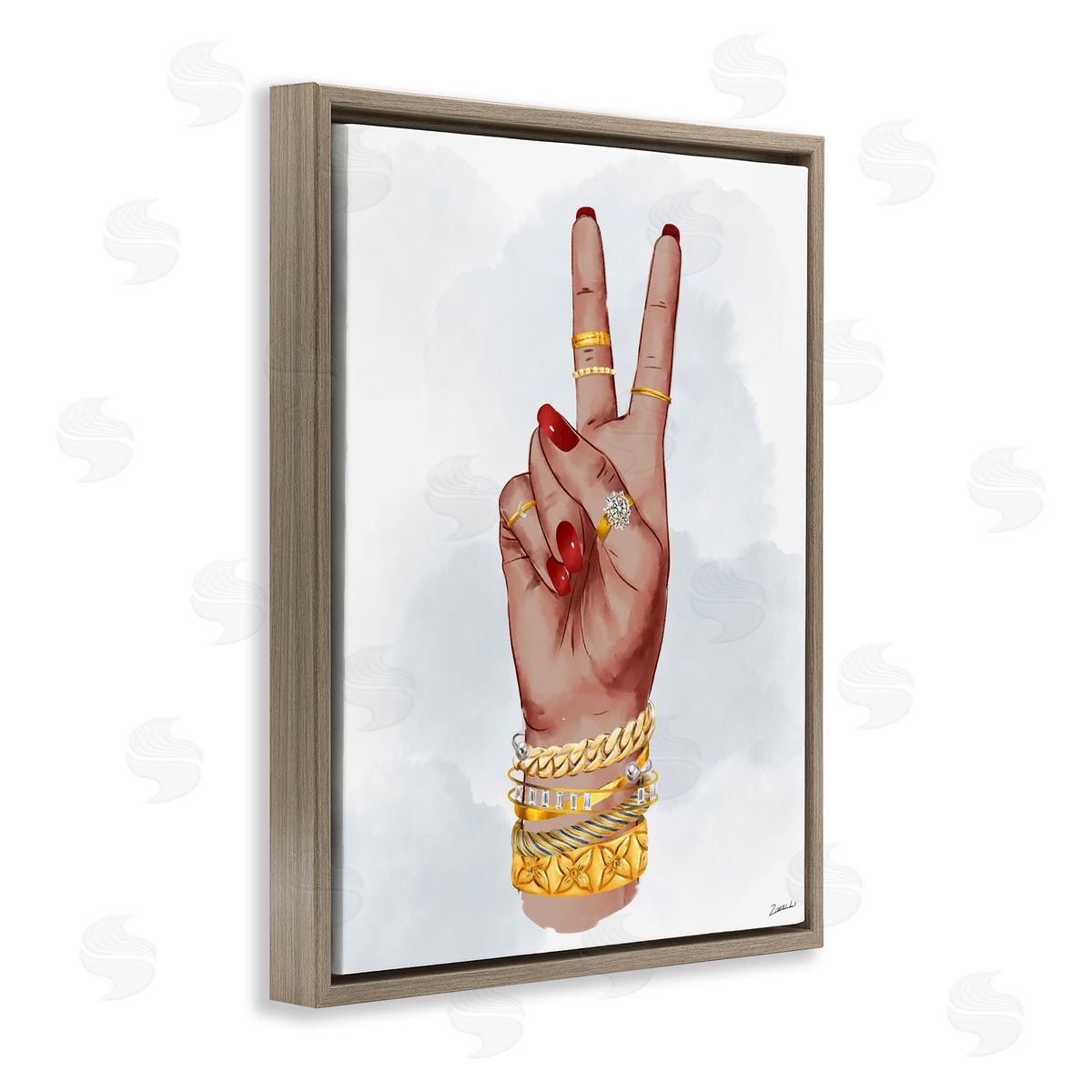 Glam Peace Hand Sign Brown Floating Frame Canvas Wall Art, Home Decor by Ziwei Li