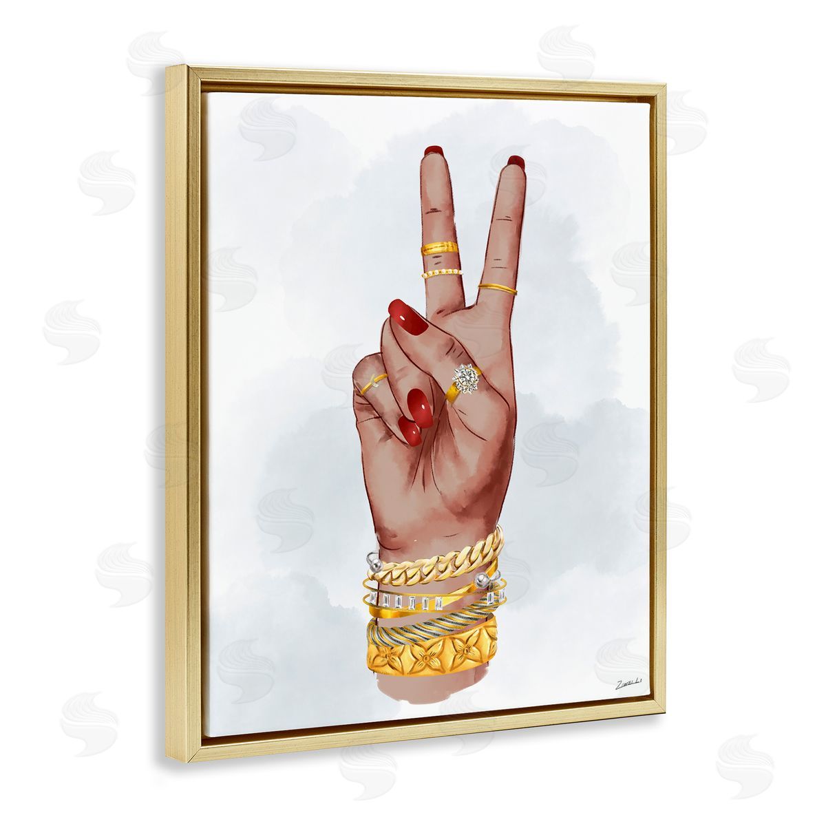 Glam Peace Hand Sign Gold Floating Frame Canvas Wall Art, Home Decor by Ziwei Li
