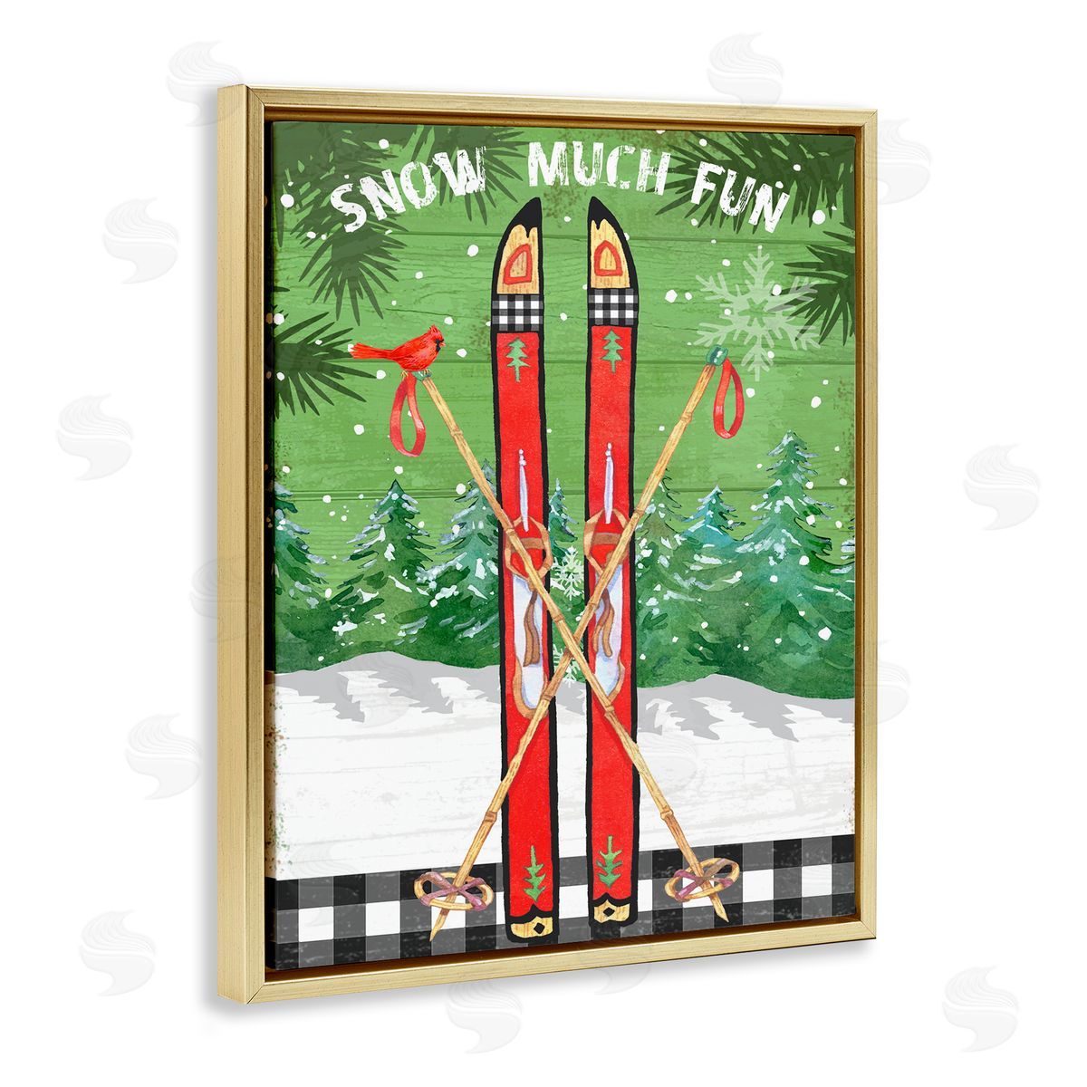 Snow Much Fun Skis Gold Floating Frame Canvas Wall Art, Home Decor by Andrea Tachiera