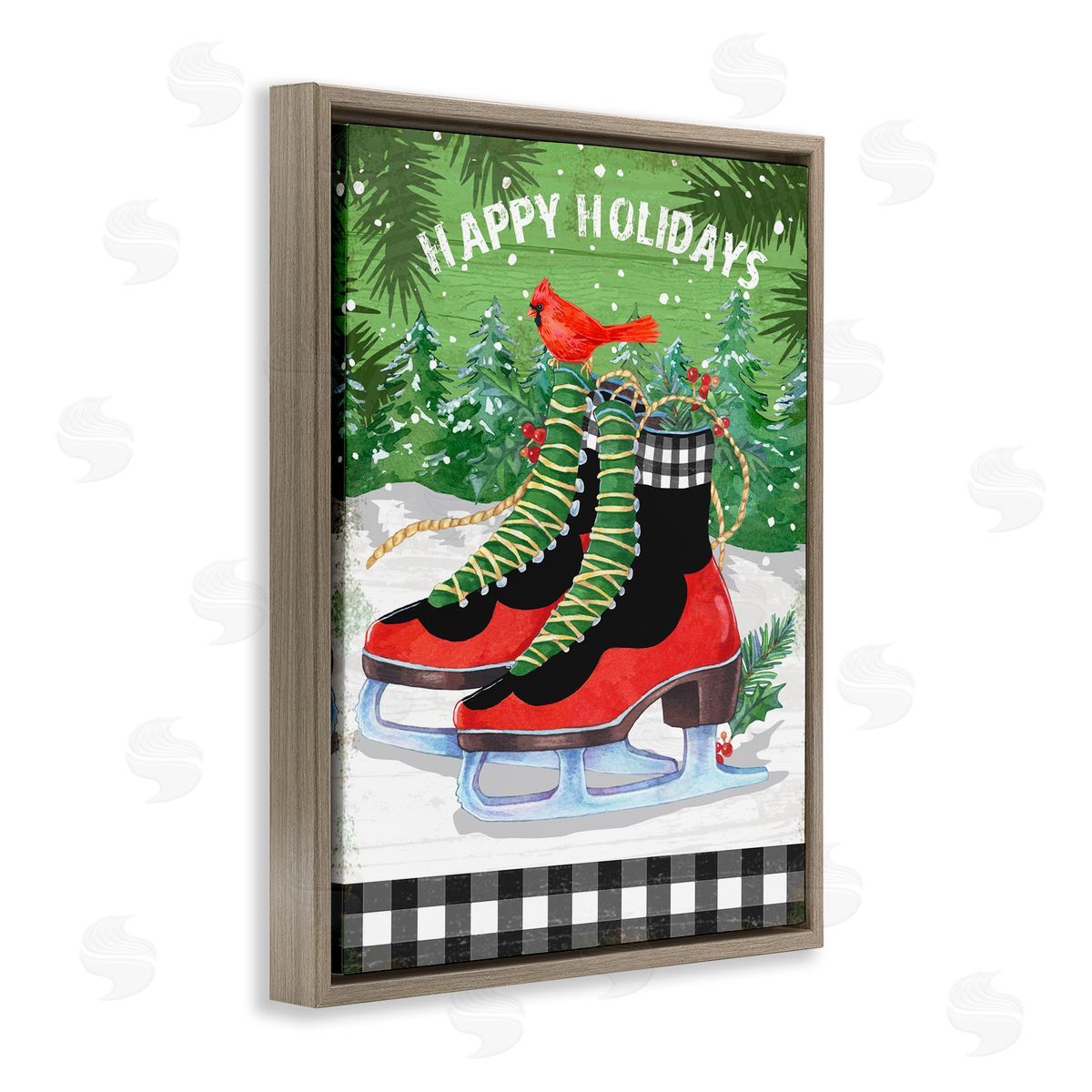 Happy Holidays Ice Skates Brown Floating Frame Canvas Wall Art, Home Decor by Andrea Tachiera