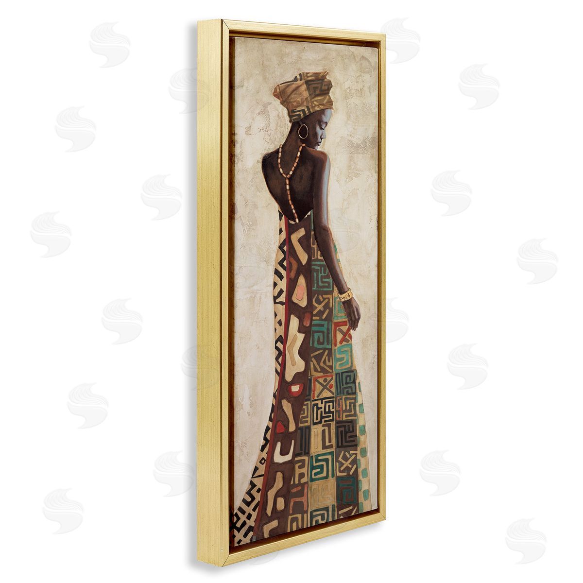 African Woman in Dress Gold Floating Frame Canvas Wall Art, Home Decor by Jacques Leconte
