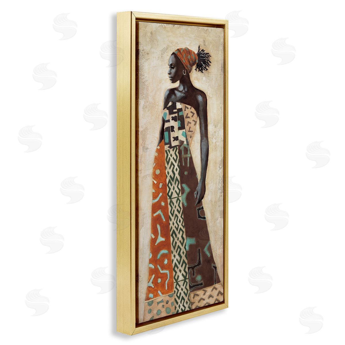 Timeless African Woman in Dress Gold Floating Frame Canvas Wall Art, Home Decor by Jacques Leconte