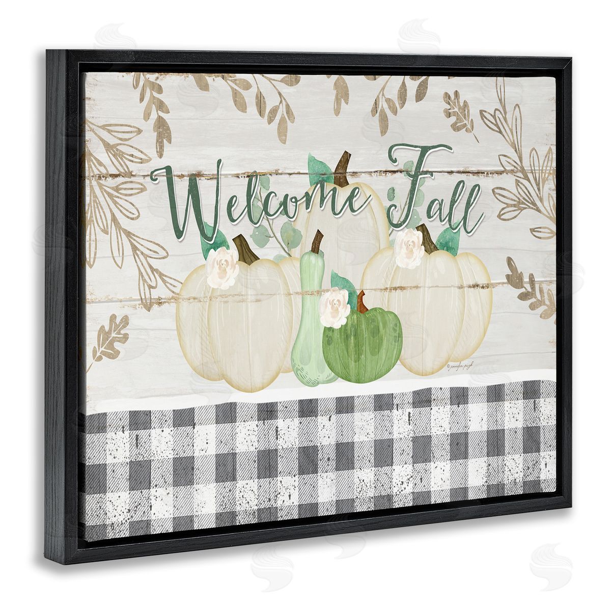 Welcome Fall Pumpkins & Plaid Black Floating Frame Canvas Wall Art, Home Decor by Jennifer Pugh