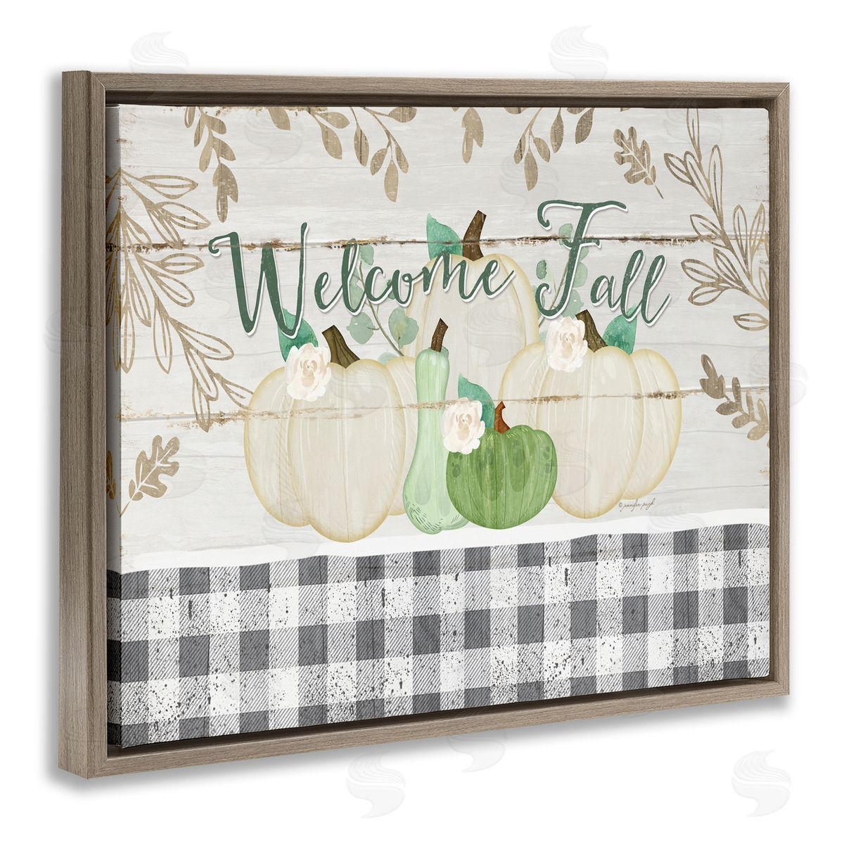 Welcome Fall Pumpkins & Plaid Brown Floating Frame Canvas Wall Art, Home Decor by Jennifer Pugh